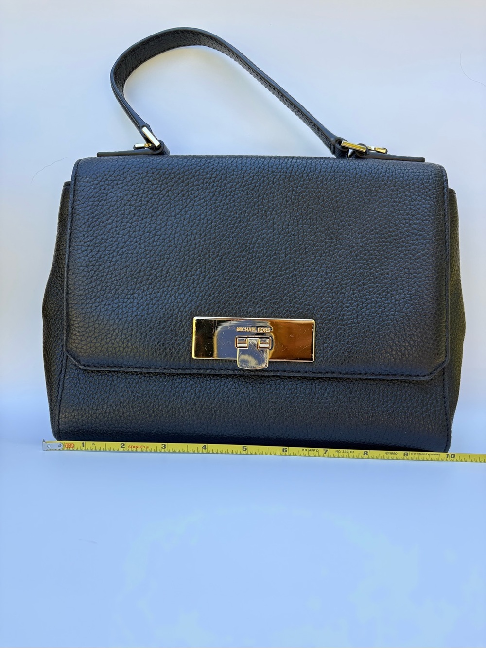 Michael Kors Callie Medium Pebbled Leather Satchel Black Gold 38H6XYAM1L